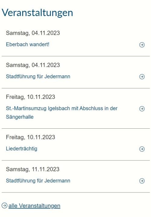 Beispieldarstellung Veranstaltungsliste auf www.eberbach.de Screenshot Beispielliste mit anstehenden Veranstaltungen der Stadt Eberbach
